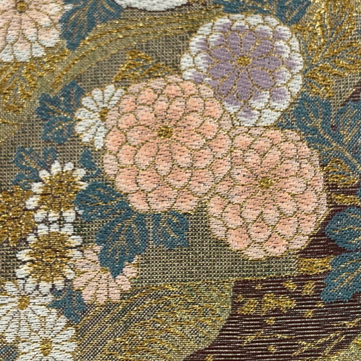 【美品】 袋帶 秀品級 菊花花 扇子面 金絲 金金箔 紅紫 六通 純蠶絲