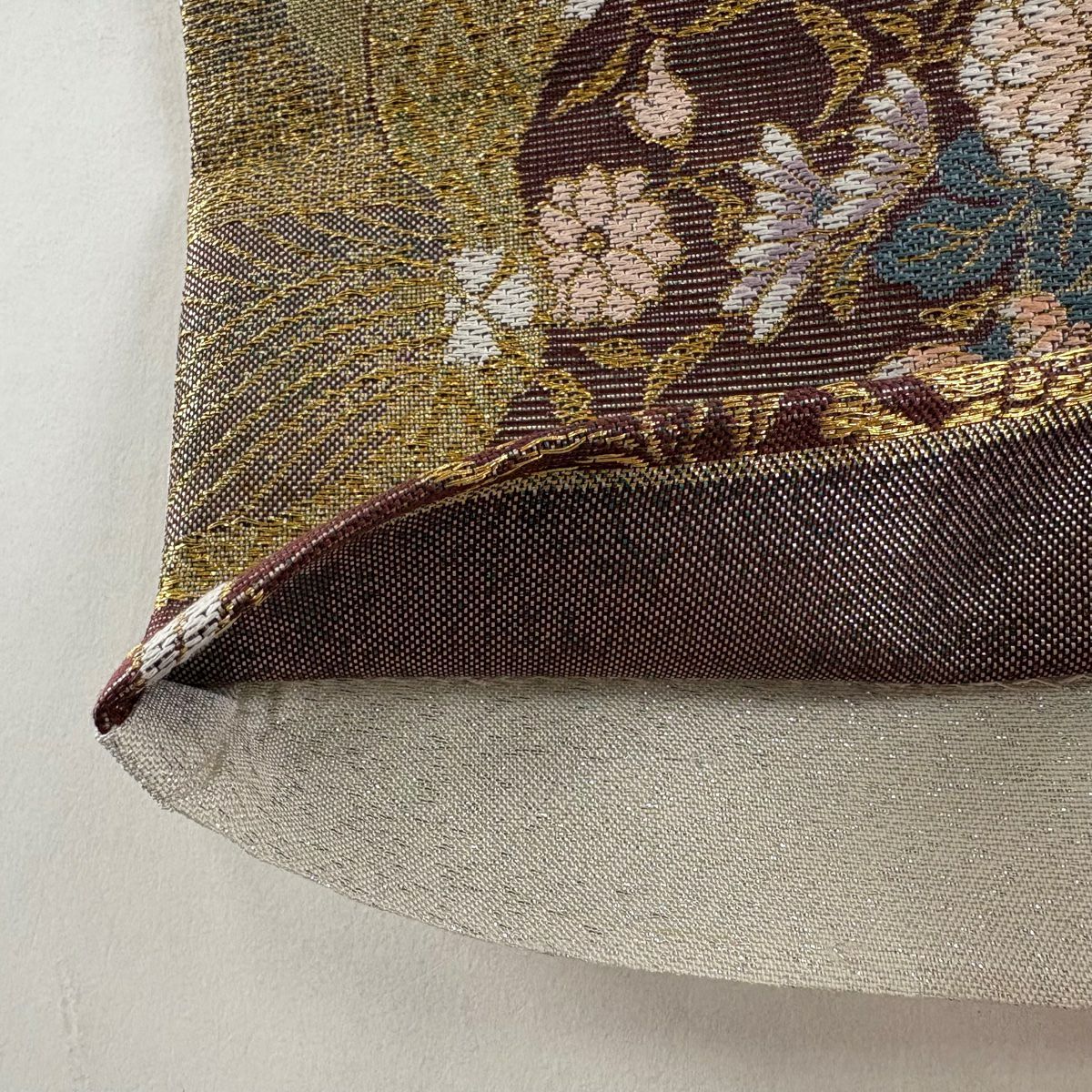 【美品】 袋帶 秀品級 菊花花 扇子面 金絲 金金箔 紅紫 六通 純蠶絲