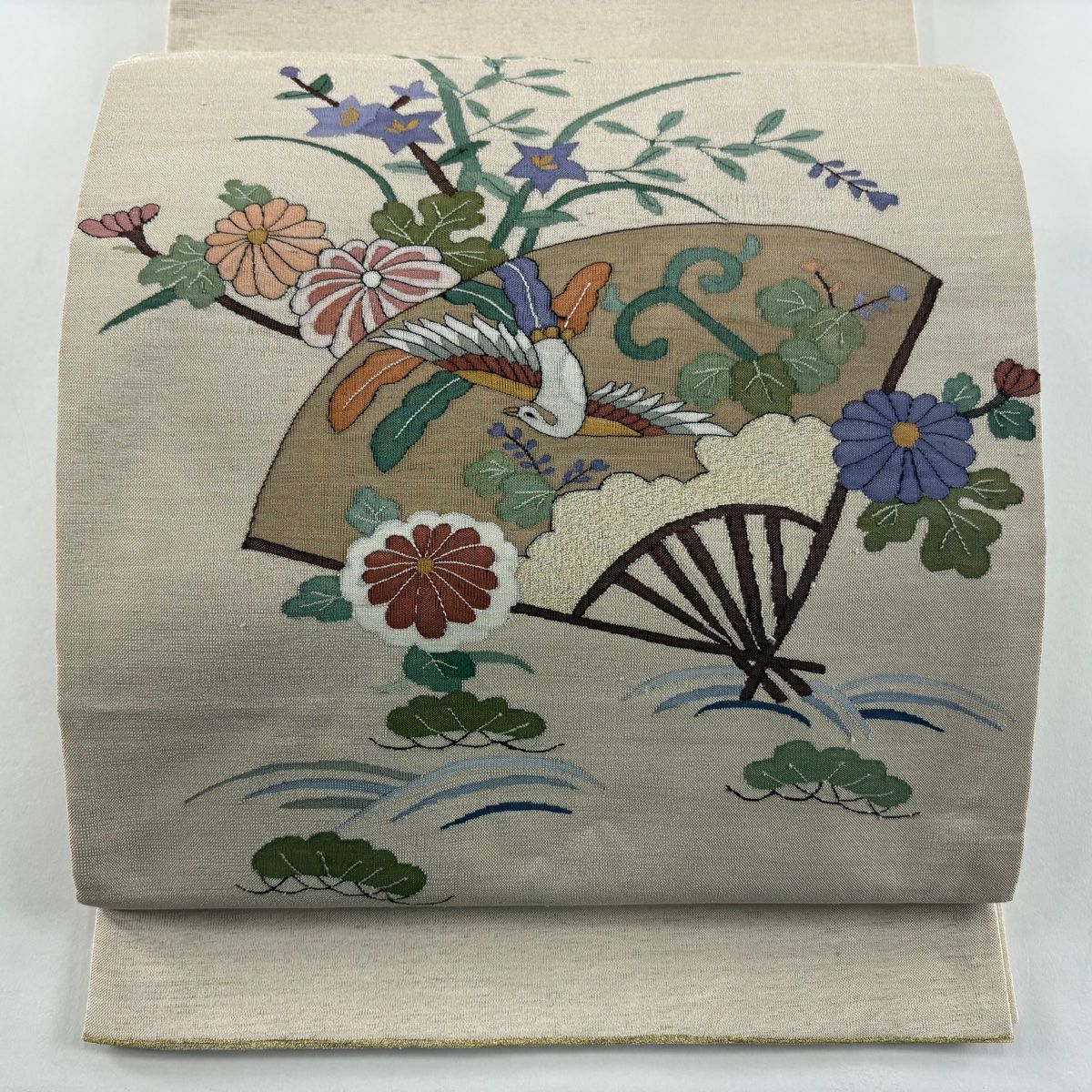 袋帶 秀品級 紬織織 花鳥 扇子 金絲 米色 大鼓圖案 純蠶絲
