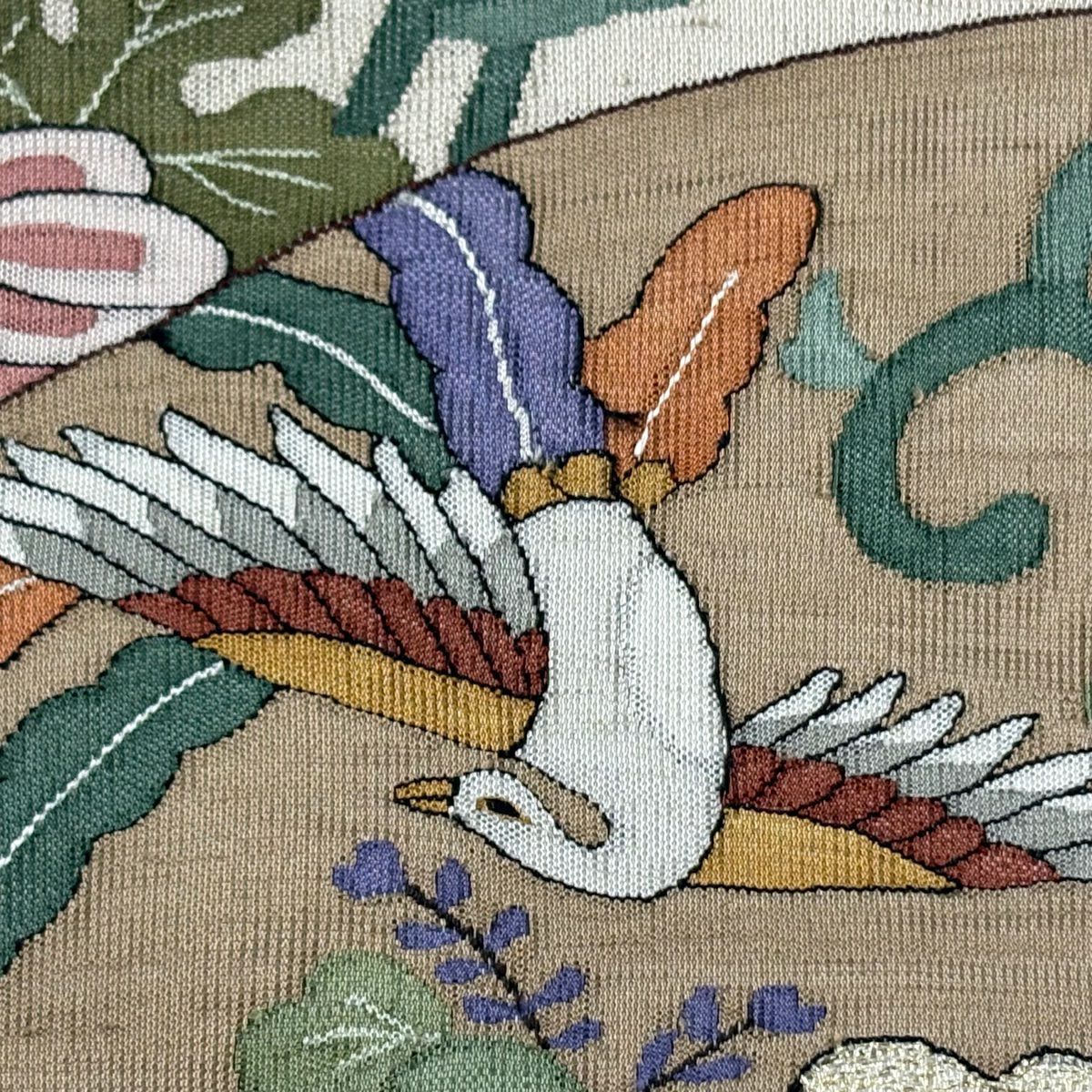 袋帶 秀品級 紬織織 花鳥 扇子 金絲 米色 大鼓圖案 純蠶絲