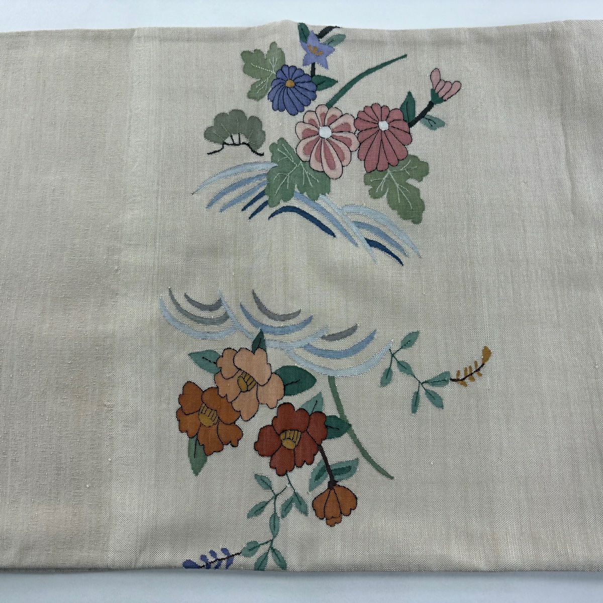 袋帶 秀品級 紬織織 花鳥 扇子 金絲 米色 大鼓圖案 純蠶絲