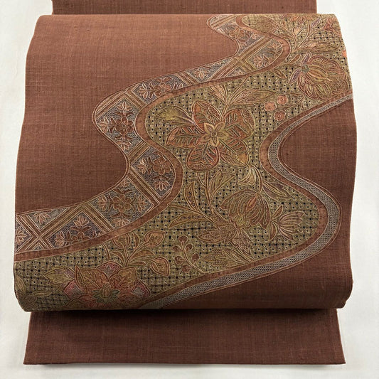 袋帶 秀品級 紬織織 草花紋 流水 刺繡 金彩裝飾 焦茶 純蠶絲