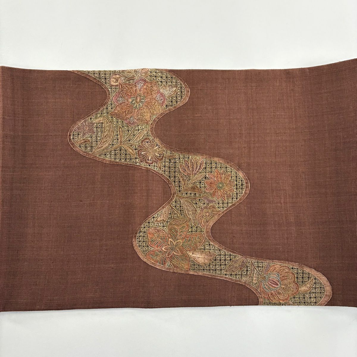 袋帶 秀品級 紬織織 草花紋 流水 刺繡 金彩裝飾 焦茶 純蠶絲