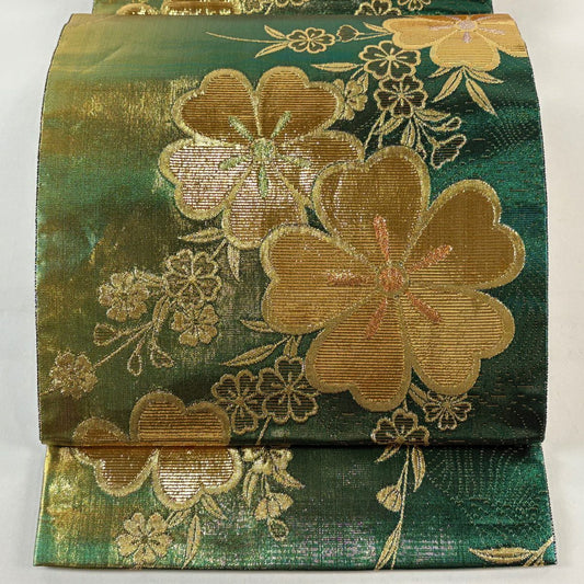 【美品】 袋帶 優品級 振袖禮服禮服用 櫻花 金金箔 金絲 綠色 六通 純蠶絲