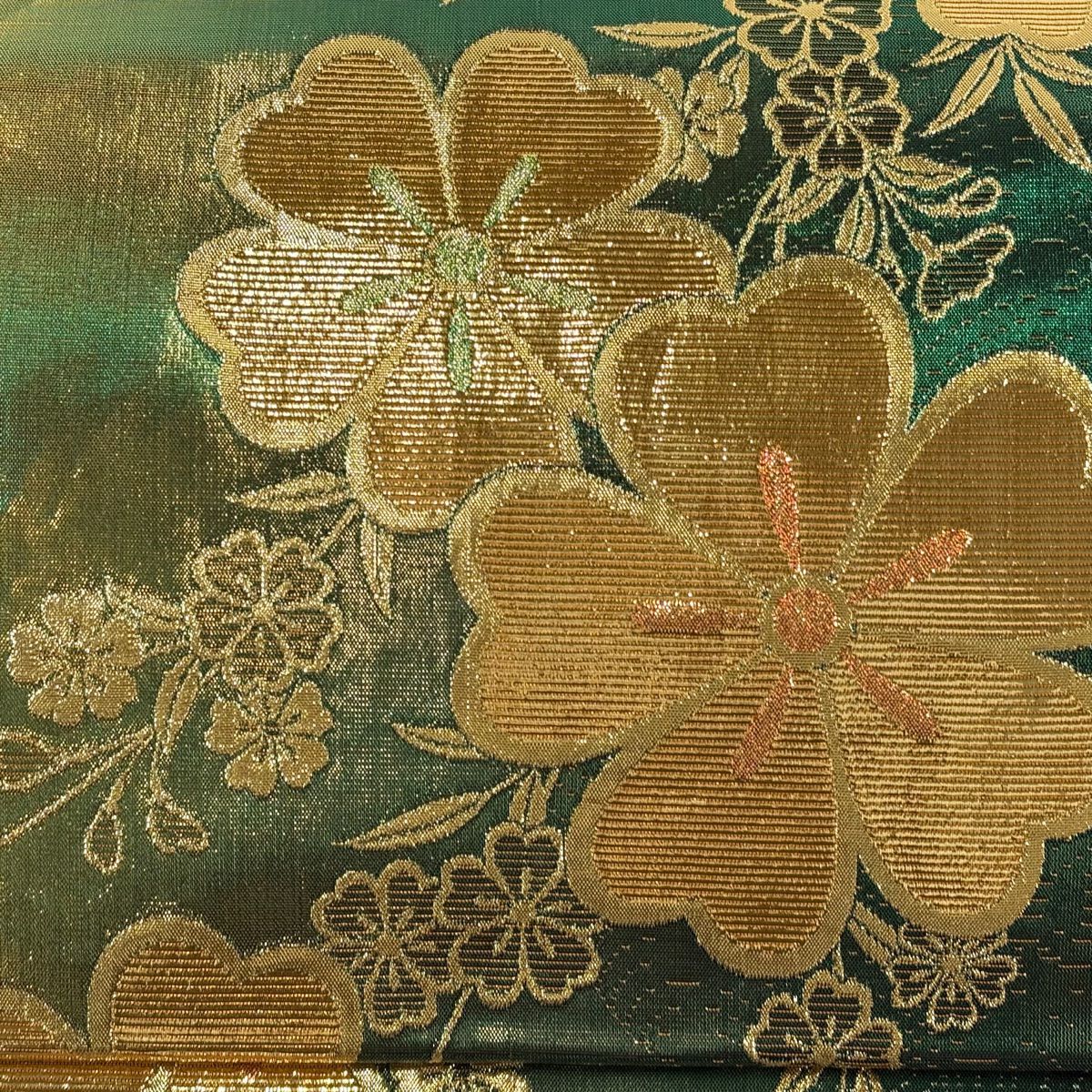 【美品】 袋帶 優品級 振袖禮服禮服用 櫻花 金金箔 金絲 綠色 六通 純蠶絲