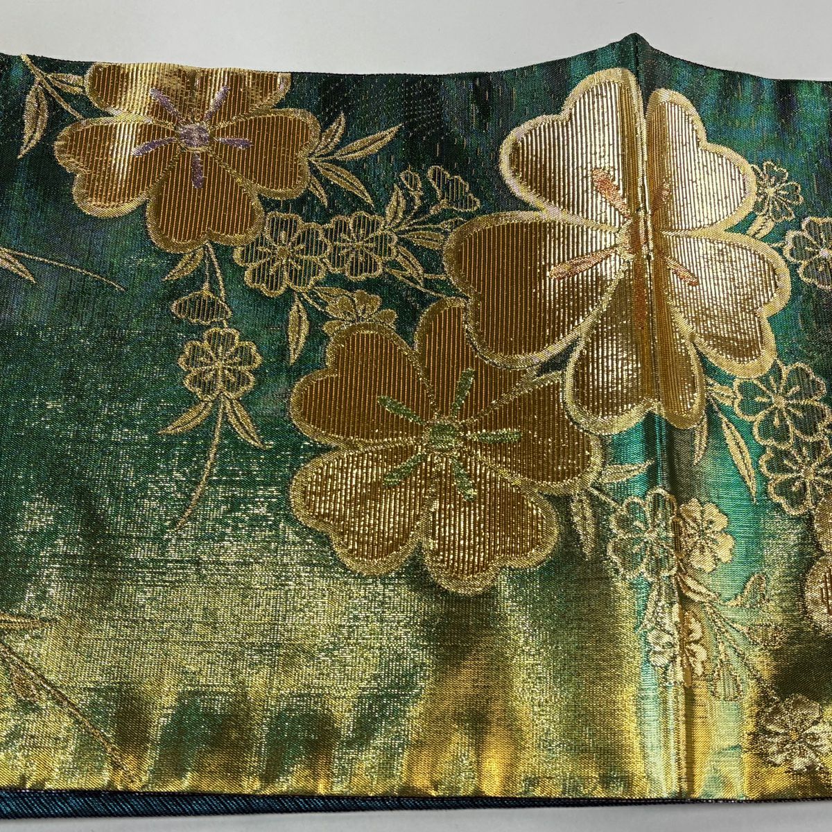 【美品】 袋帶 優品級 振袖禮服禮服用 櫻花 金金箔 金絲 綠色 六通 純蠶絲