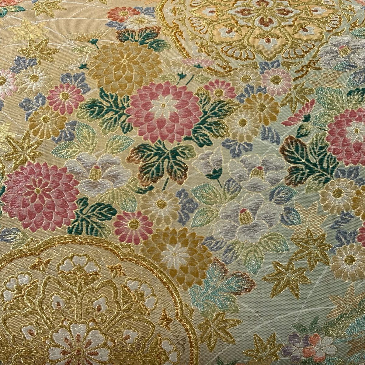 【美品】 袋帶 秀品級 華紋 草花紋 金糸 金金箔 薄綠 六通 純蠶絲