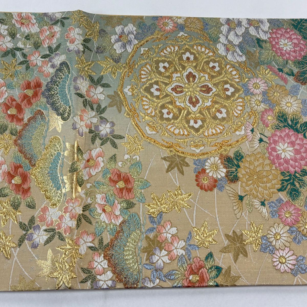 【美品】 袋帶 秀品級 華紋 草花紋 金糸 金金箔 薄綠 六通 純蠶絲
