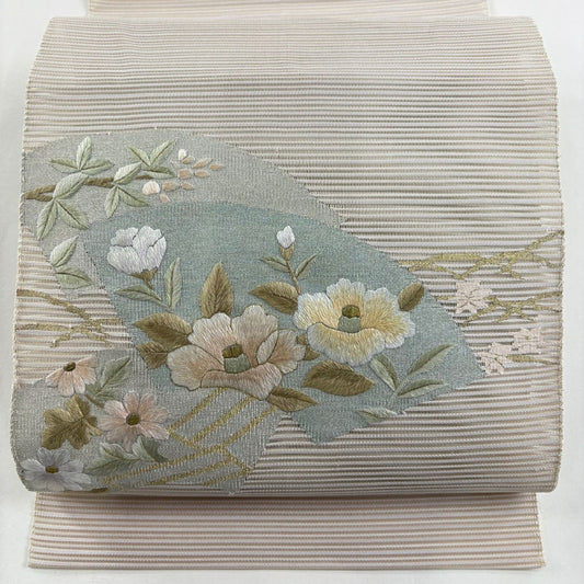 名古屋帶 秀品級 松樹葉仕立 八寸名古屋帶 夏帶 椿 扇子面 刺繡 金線 灰茶 純蠶絲