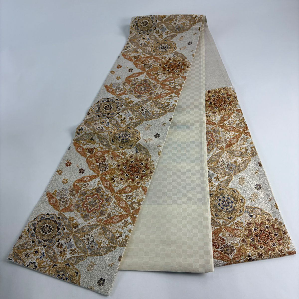 【美品】 袋帶 秀品級 華紋 七寶 金金箔 米色 六通 純蠶絲
