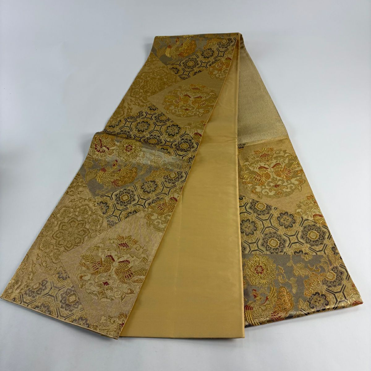 【美品】 袋帶 秀品級 華紋 向鳥 金絲 金金箔 金色 六通 純蠶絲