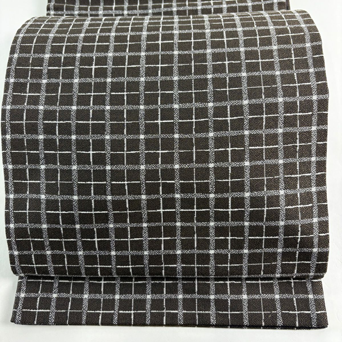 【美品】 袋帶 秀品級 格子 焦茶 深藍 六通 純蠶絲
