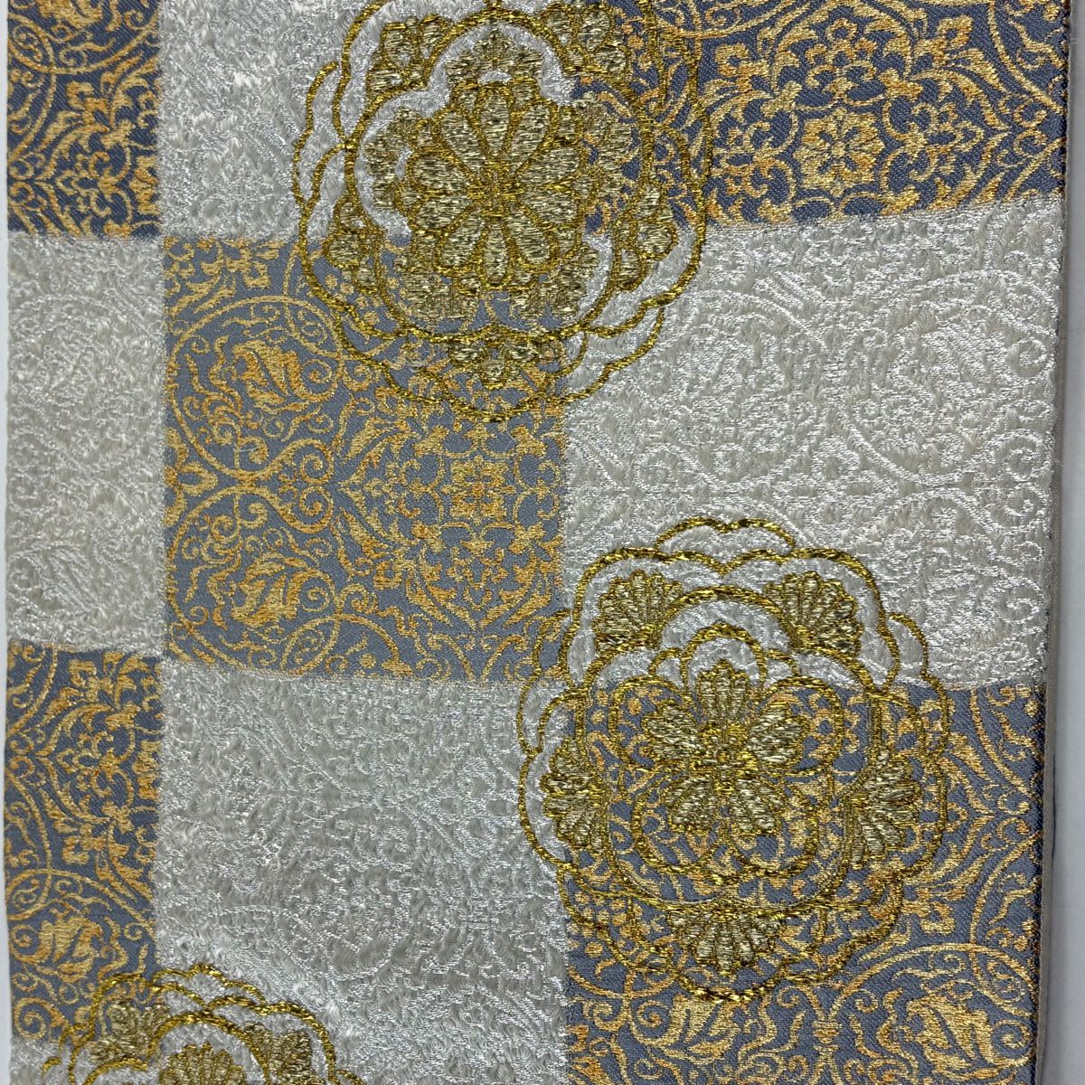 【美品】 袋帶 秀品級 華紋 市松樹 金絲 金金箔 白 六通 純蠶絲