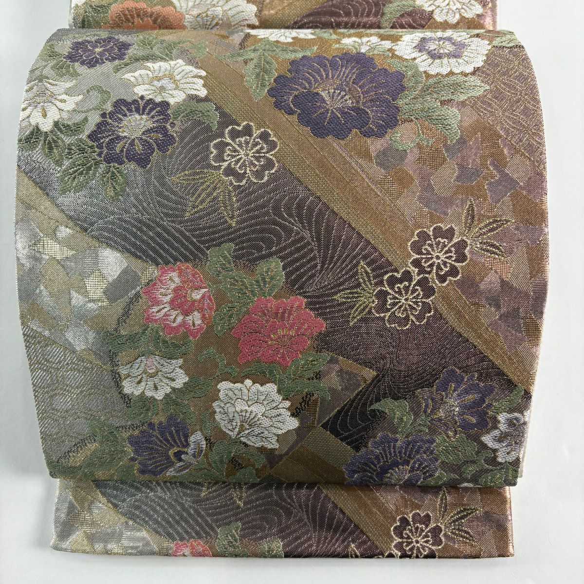 【美品】 袋帶 秀品級 草花紋紋 金糸 金金箔 茶紫 六通 純蠶絲