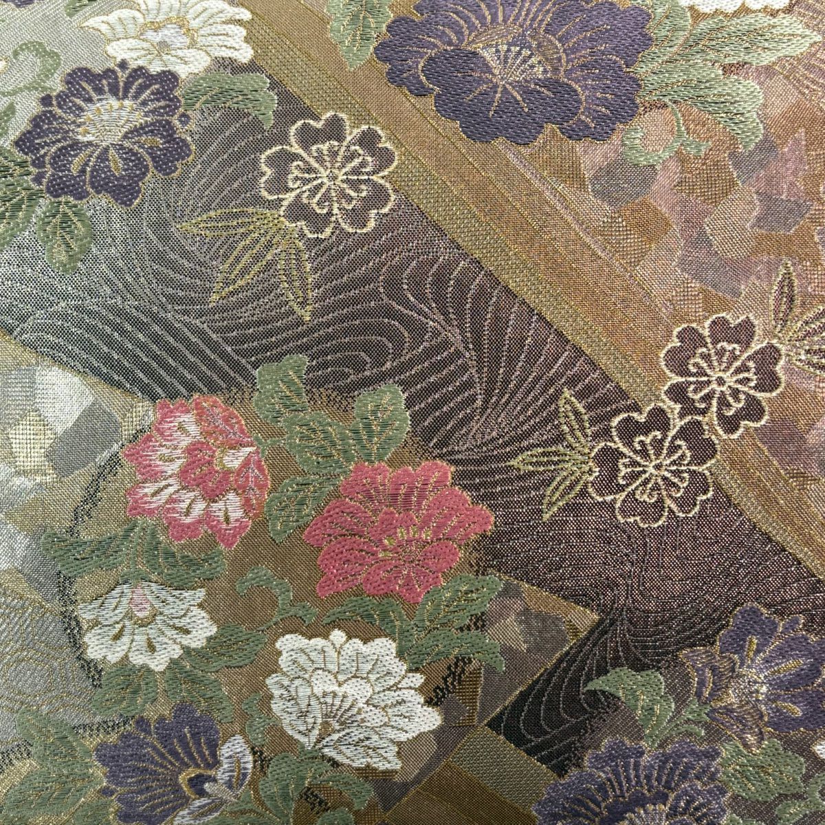 【美品】 袋帶 秀品級 草花紋紋 金糸 金金箔 茶紫 六通 純蠶絲