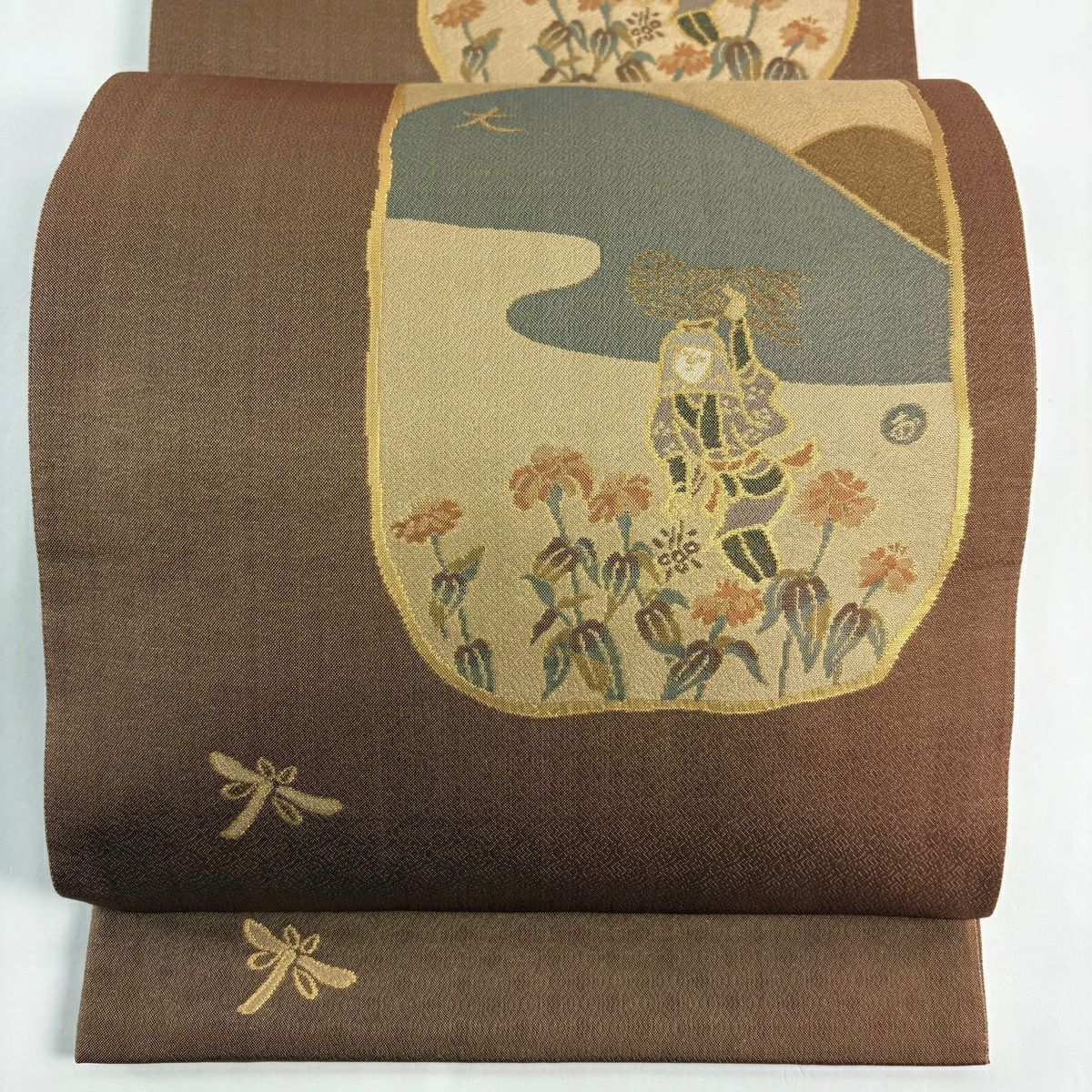 【美品】 袋帶 秀品級 大原女 大文字燒 金金箔 茶 六通 純蠶絲