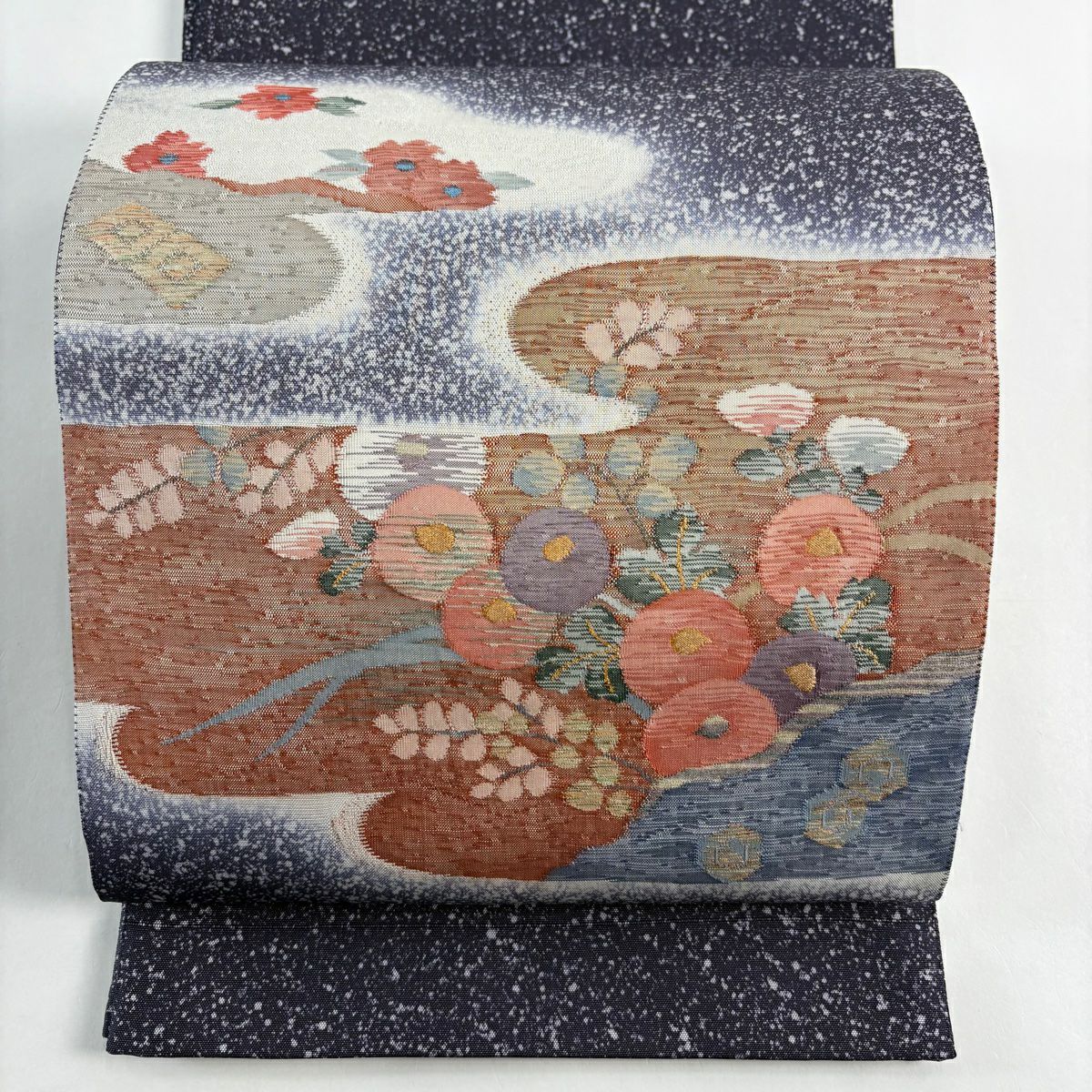 【美品】 袋帶 秀品級 萬壽菊花 霞 金絲 濃紫 大鼓圖案 純蠶絲