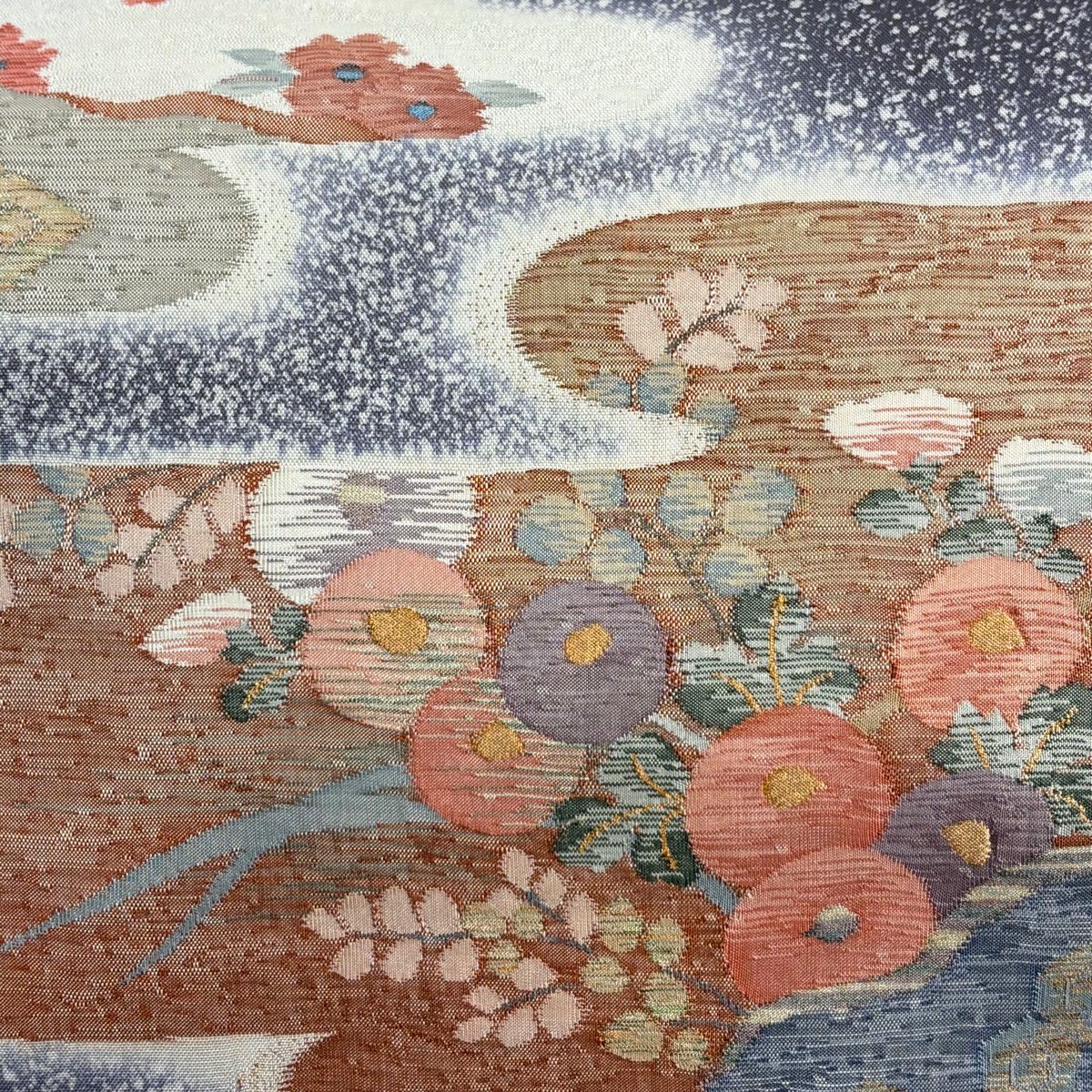 【美品】 袋帶 秀品級 萬壽菊花 霞 金絲 濃紫 大鼓圖案 純蠶絲