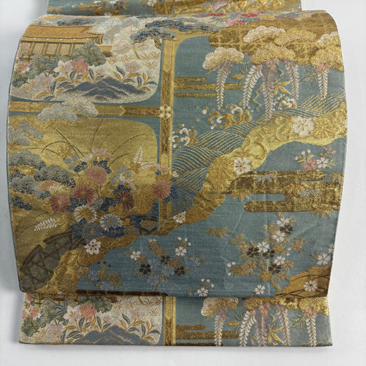 袋帶 秀品級 建築 松樹 金絲 金金箔 淺綠 六通 純蠶絲