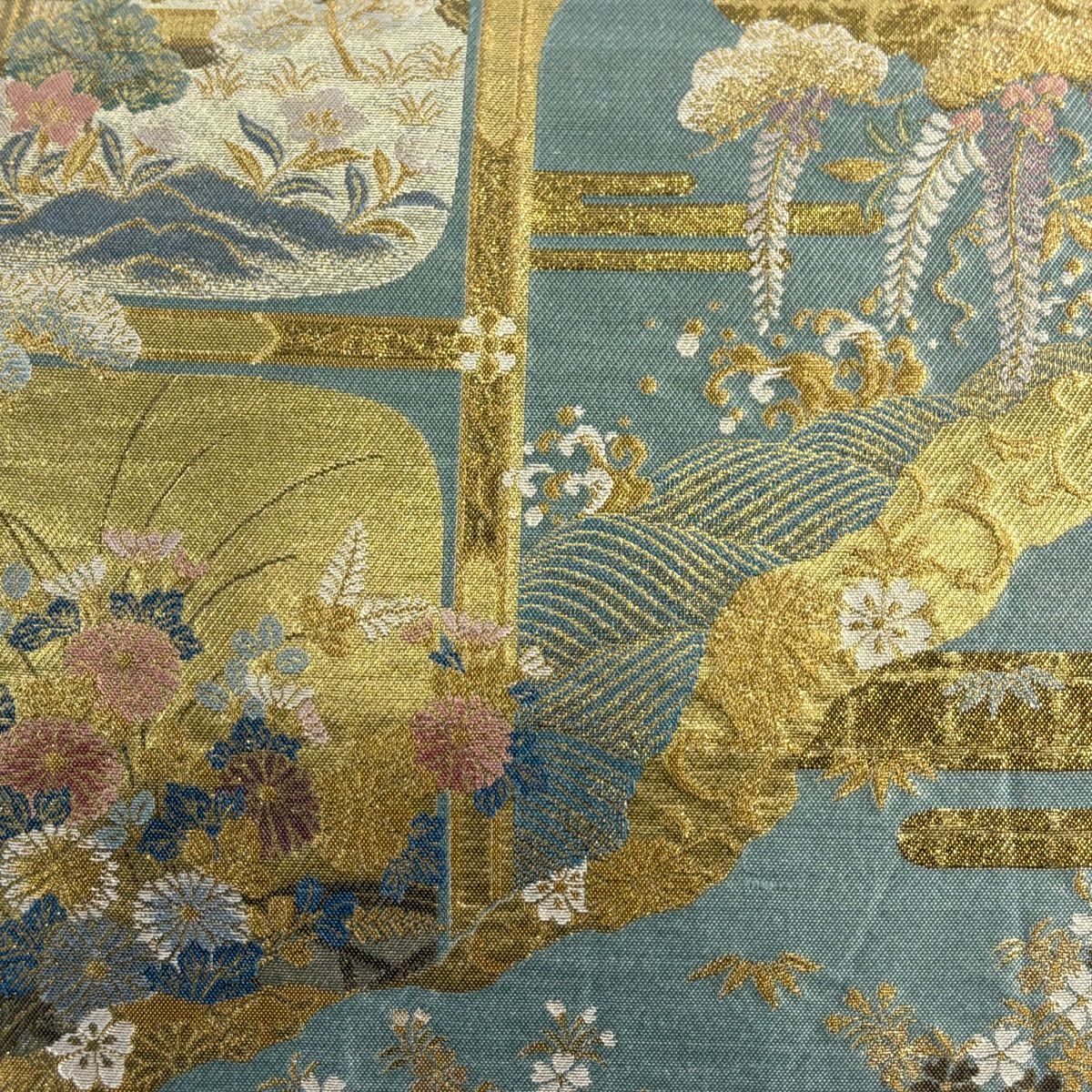袋帶 秀品級 建築 松樹 金絲 金金箔 淺綠 六通 純蠶絲