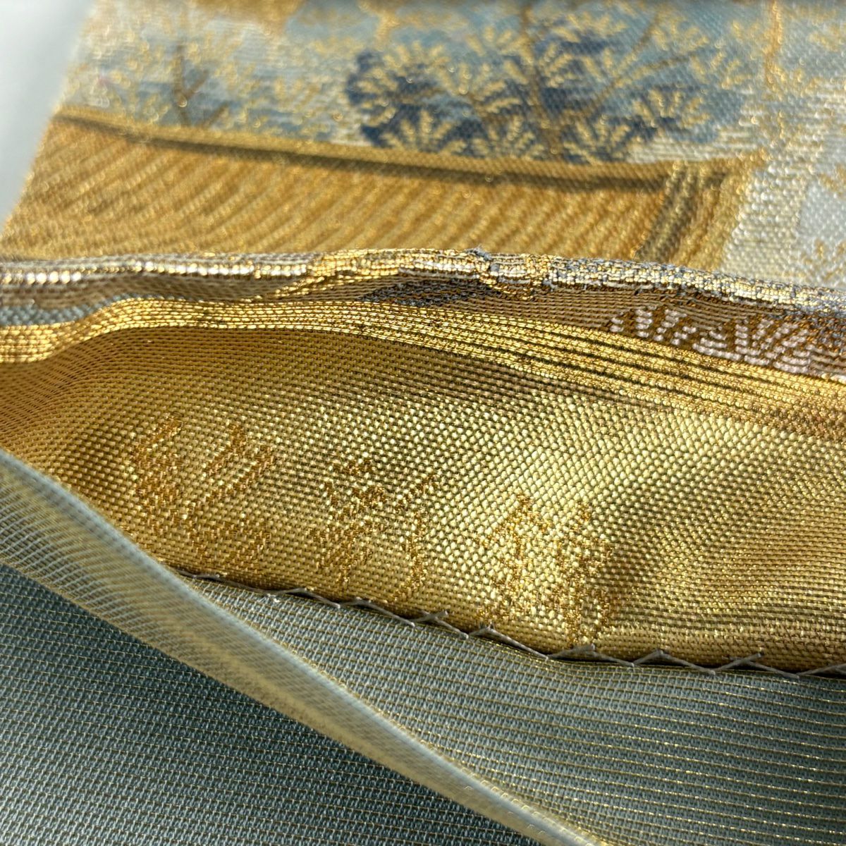 袋帶 秀品級 建築 松樹 金絲 金金箔 淺綠 六通 純蠶絲