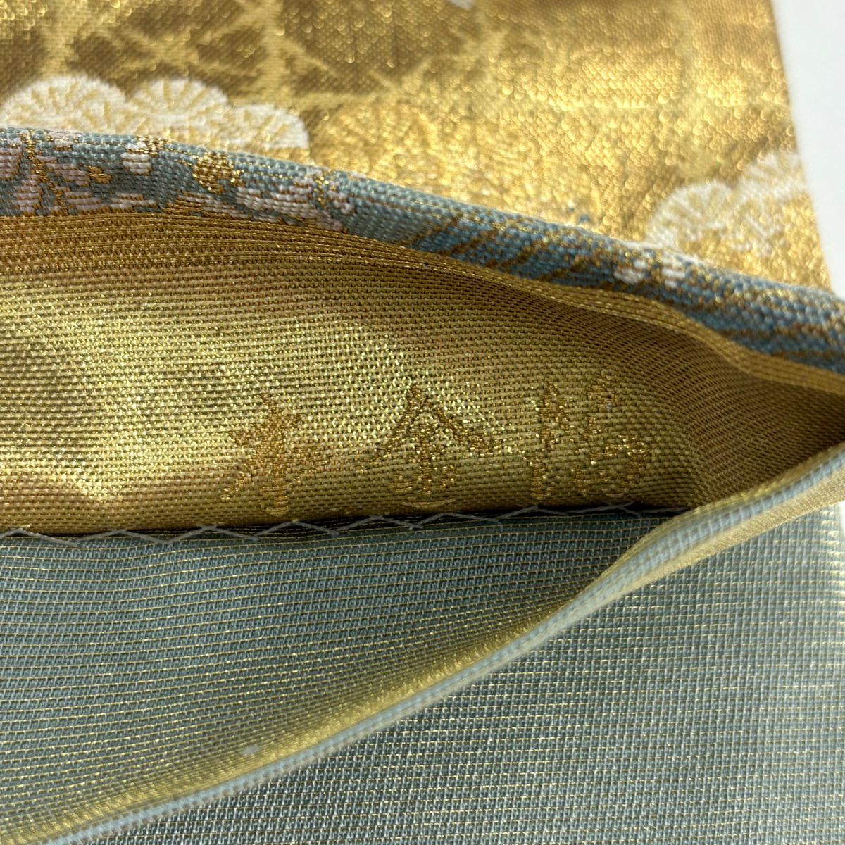 袋帶 秀品級 建築 松樹 金絲 金金箔 淺綠 六通 純蠶絲