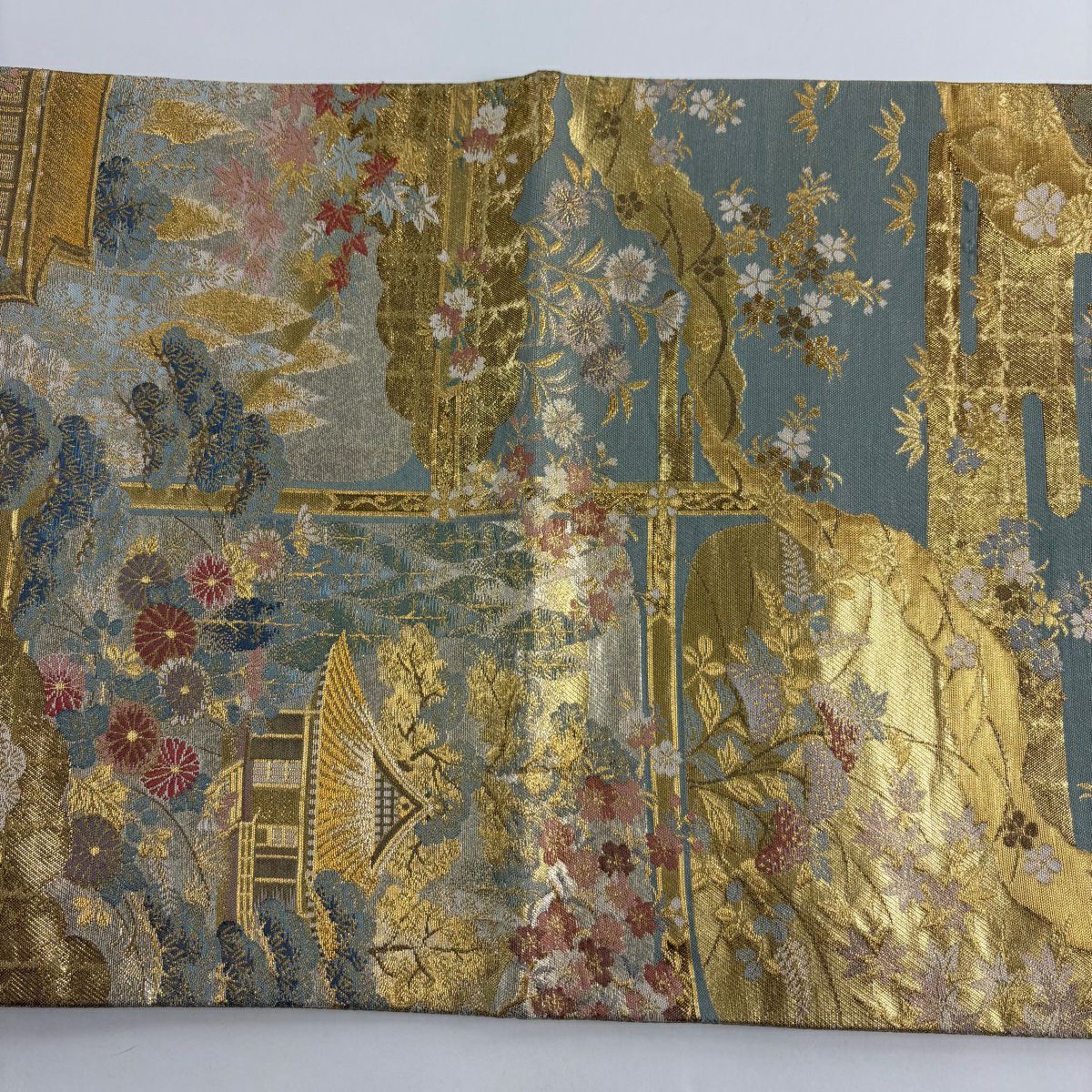 袋帶 秀品級 建築 松樹 金絲 金金箔 淺綠 六通 純蠶絲
