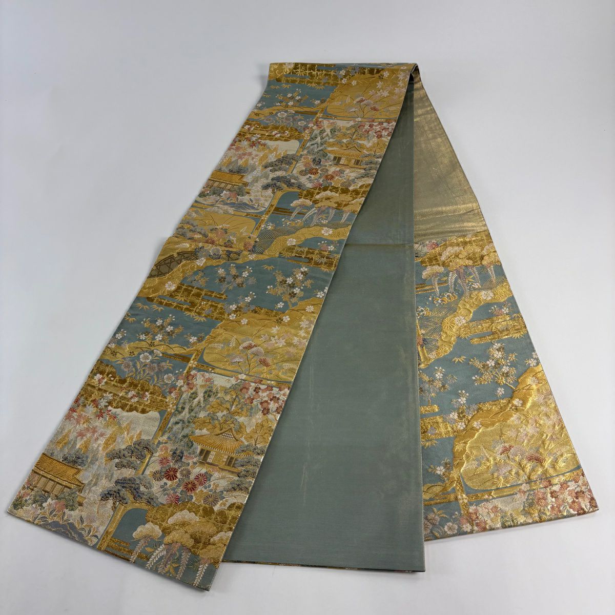 袋帶 秀品級 建築 松樹 金絲 金金箔 淺綠 六通 純蠶絲
