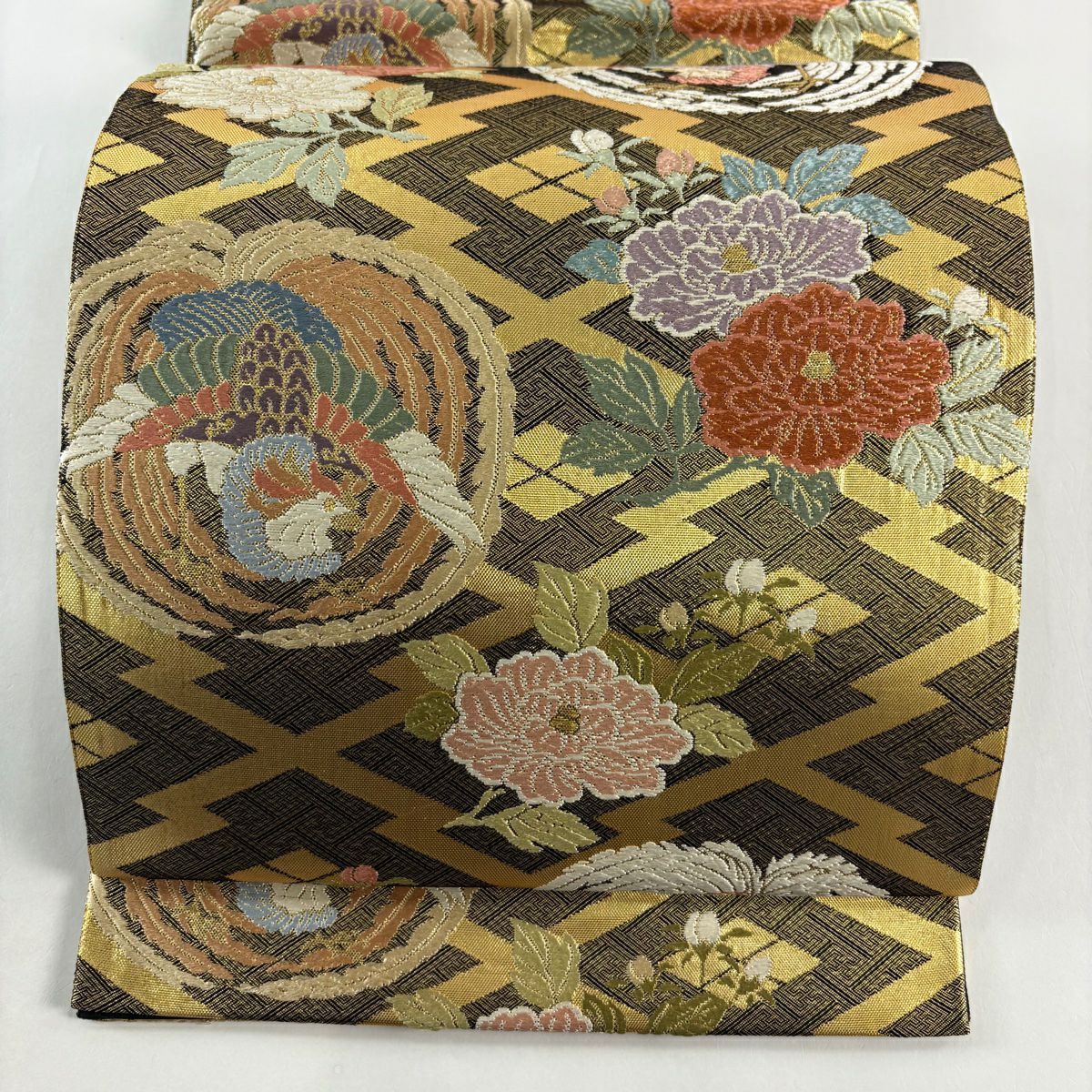 【美品】 袋帶 秀品級 鳳凰 牡丹 刺繡 金金箔 金色 六通 純蠶絲