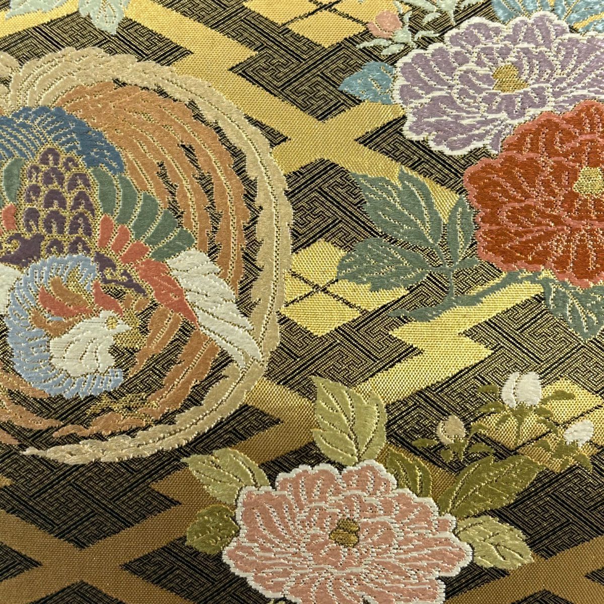 【美品】 袋帶 秀品級 鳳凰 牡丹 刺繡 金金箔 金色 六通 純蠶絲