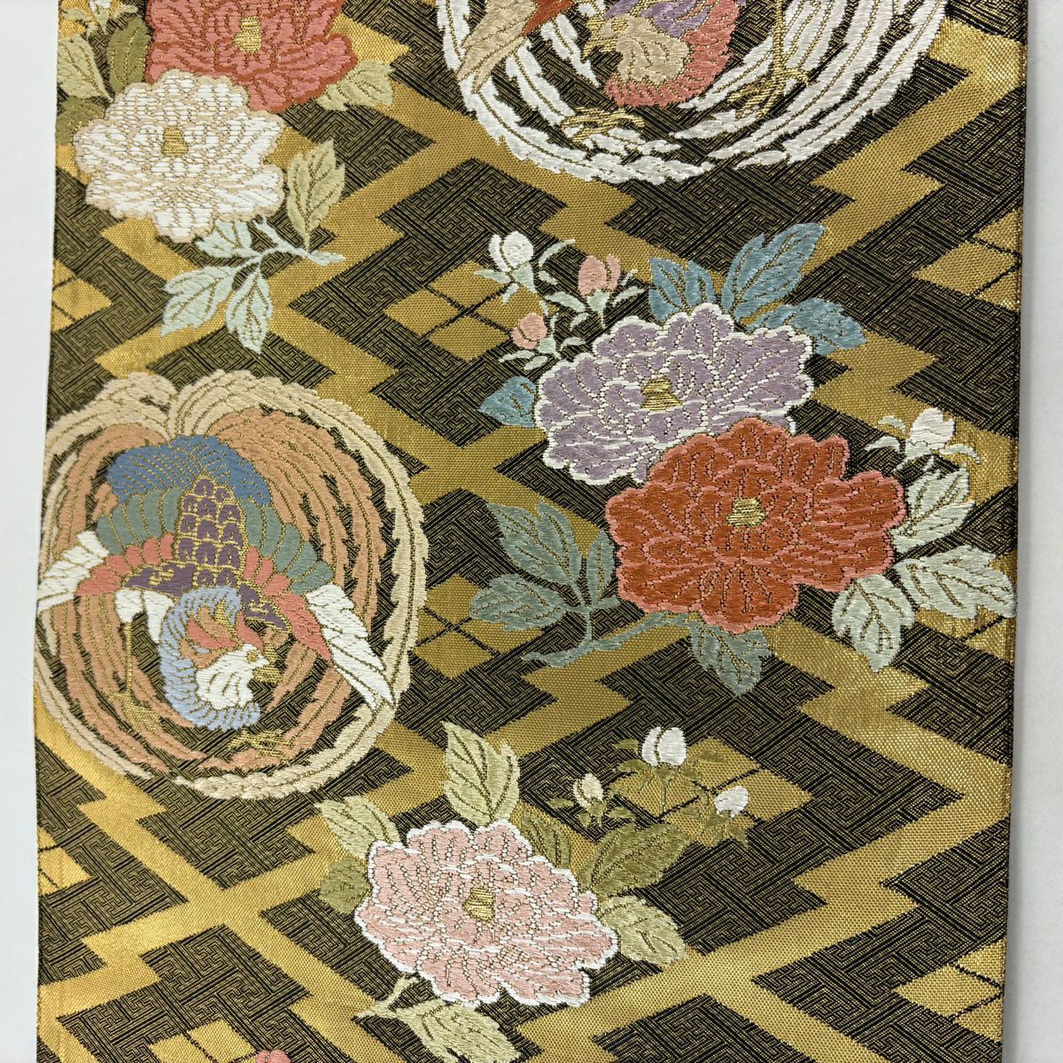 【美品】 袋帶 秀品級 鳳凰 牡丹 刺繡 金金箔 金色 六通 純蠶絲