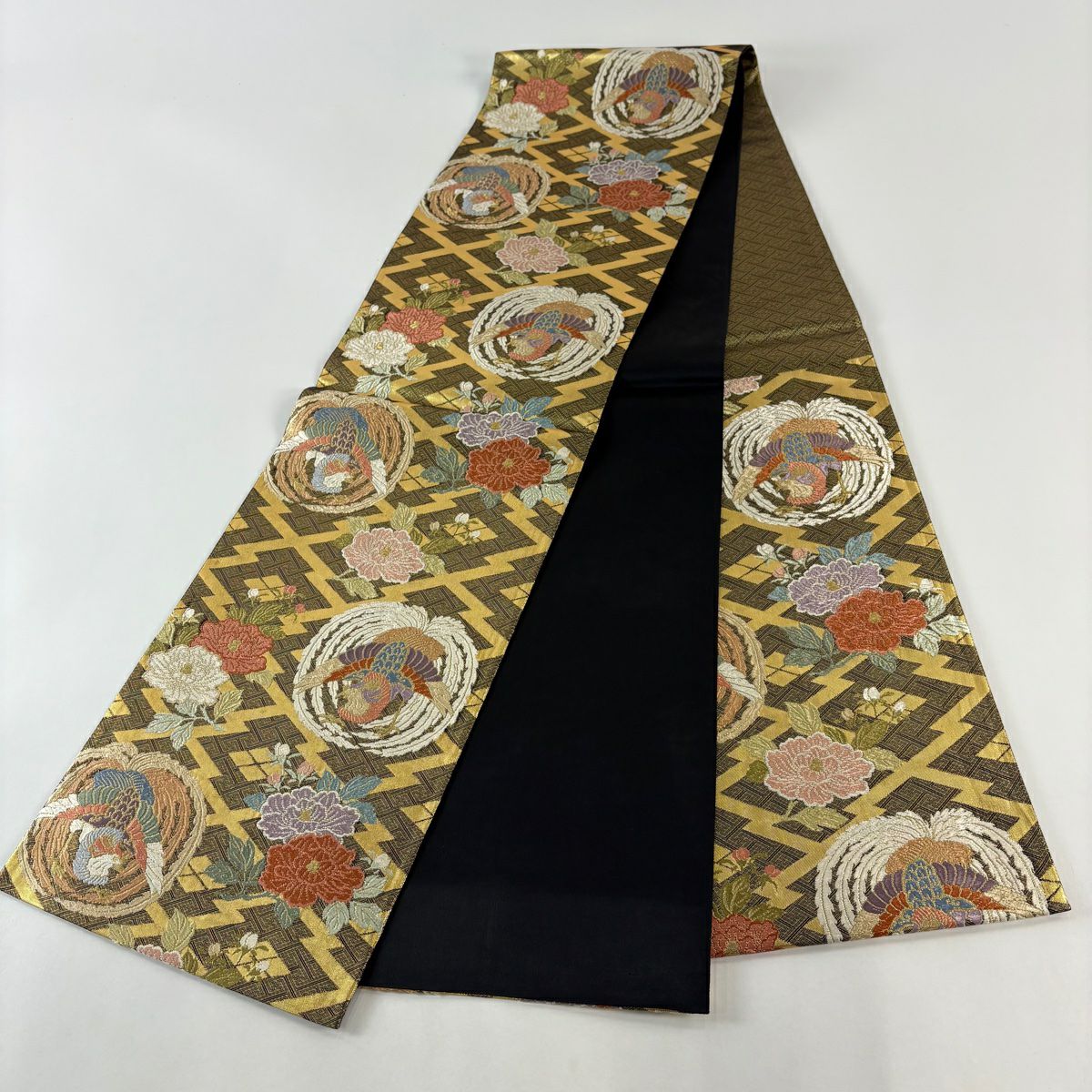 【美品】 袋帶 秀品級 鳳凰 牡丹 刺繡 金金箔 金色 六通 純蠶絲