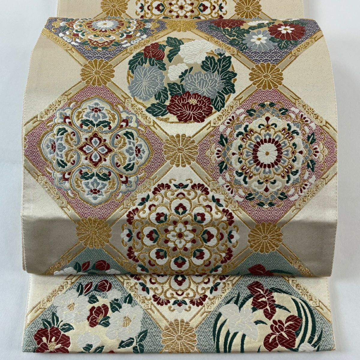 【美品】 袋帶 秀品級 菱花丸華紋 金絲 金金箔 米色 六通 純蠶絲