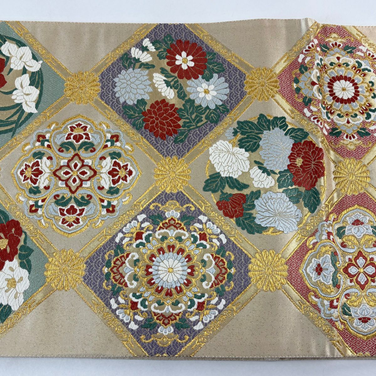 【美品】 袋帶 秀品級 菱花丸華紋 金絲 金金箔 米色 六通 純蠶絲