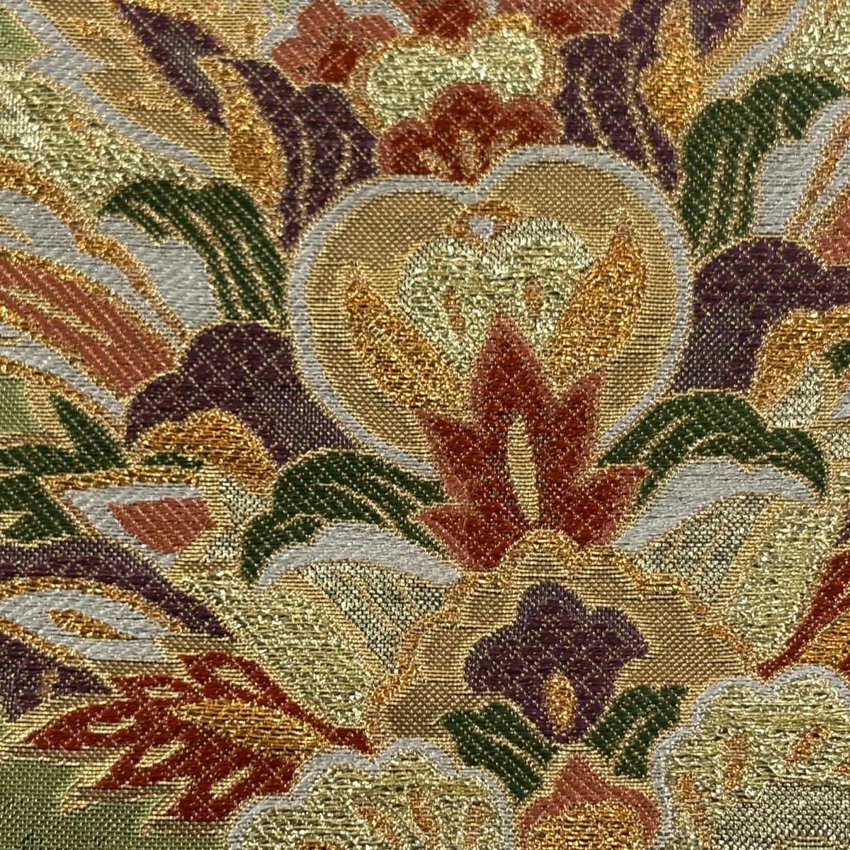 【美品】 袋帶 秀品級 草花紋 花唐草紋 金金箔 金線 艾草綠 六通 純蠶絲