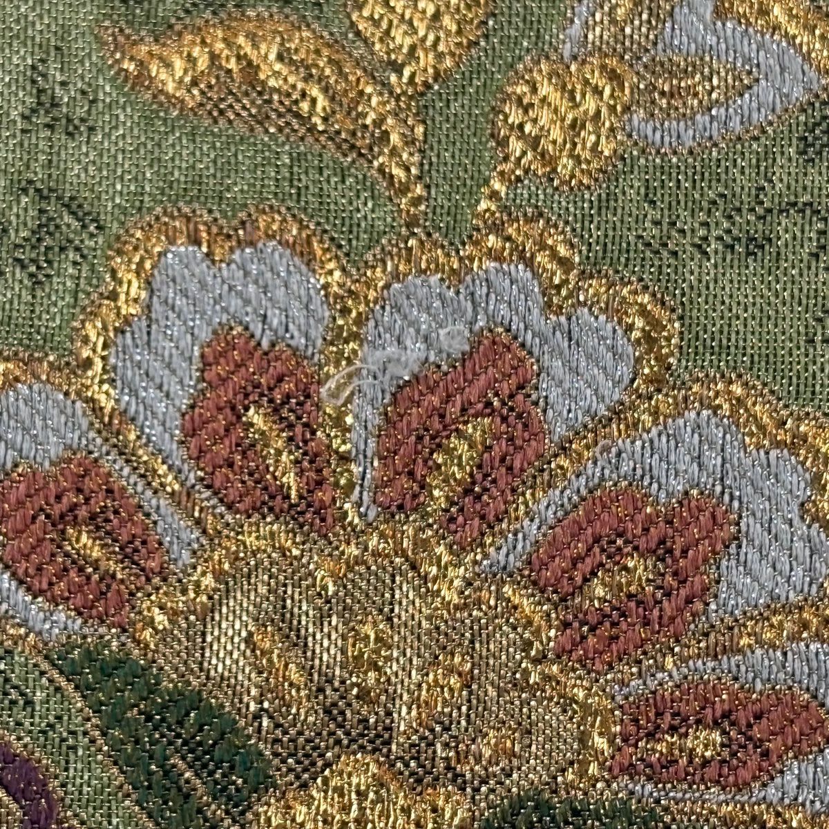 【美品】 袋帶 秀品級 草花紋 花唐草紋 金金箔 金線 艾草綠 六通 純蠶絲