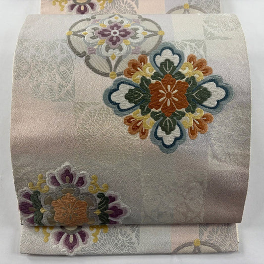 袋帶 秀品級 華紋 市松樹 唐織 金金箔 青灰 六通 純蠶絲