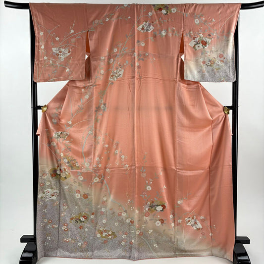 訪問服 身長171.5cm 袖長67cm M 雙層 扇子面 牡丹 金銀彩 金絲 粉紅 純蠶絲 秀品級