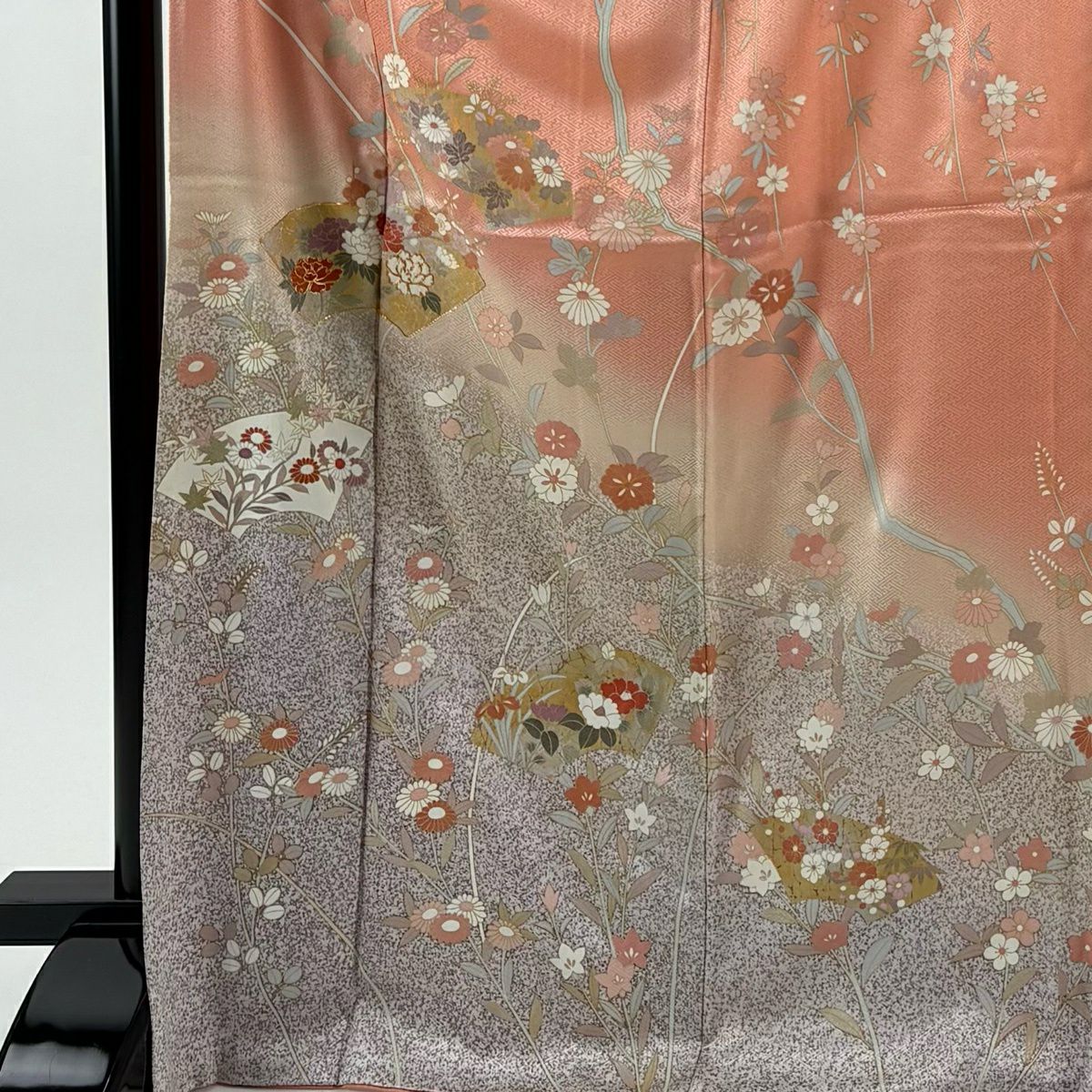 訪問服 身長171.5cm 袖長67cm M 雙層 扇子面 牡丹 金銀彩 金絲 粉紅 純蠶絲 秀品級
