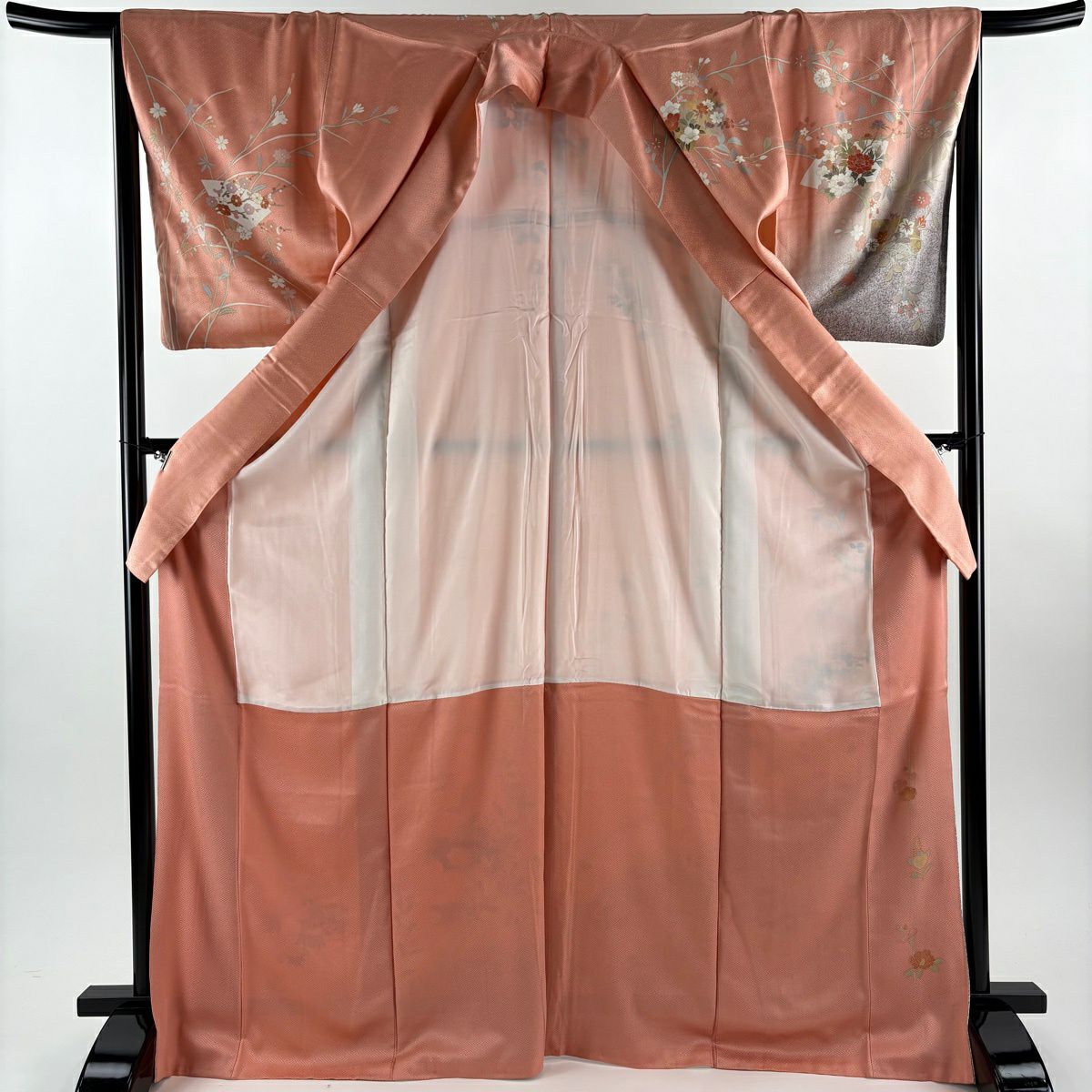 訪問服 身長171.5cm 袖長67cm M 雙層 扇子面 牡丹 金銀彩 金絲 粉紅 純蠶絲 秀品級