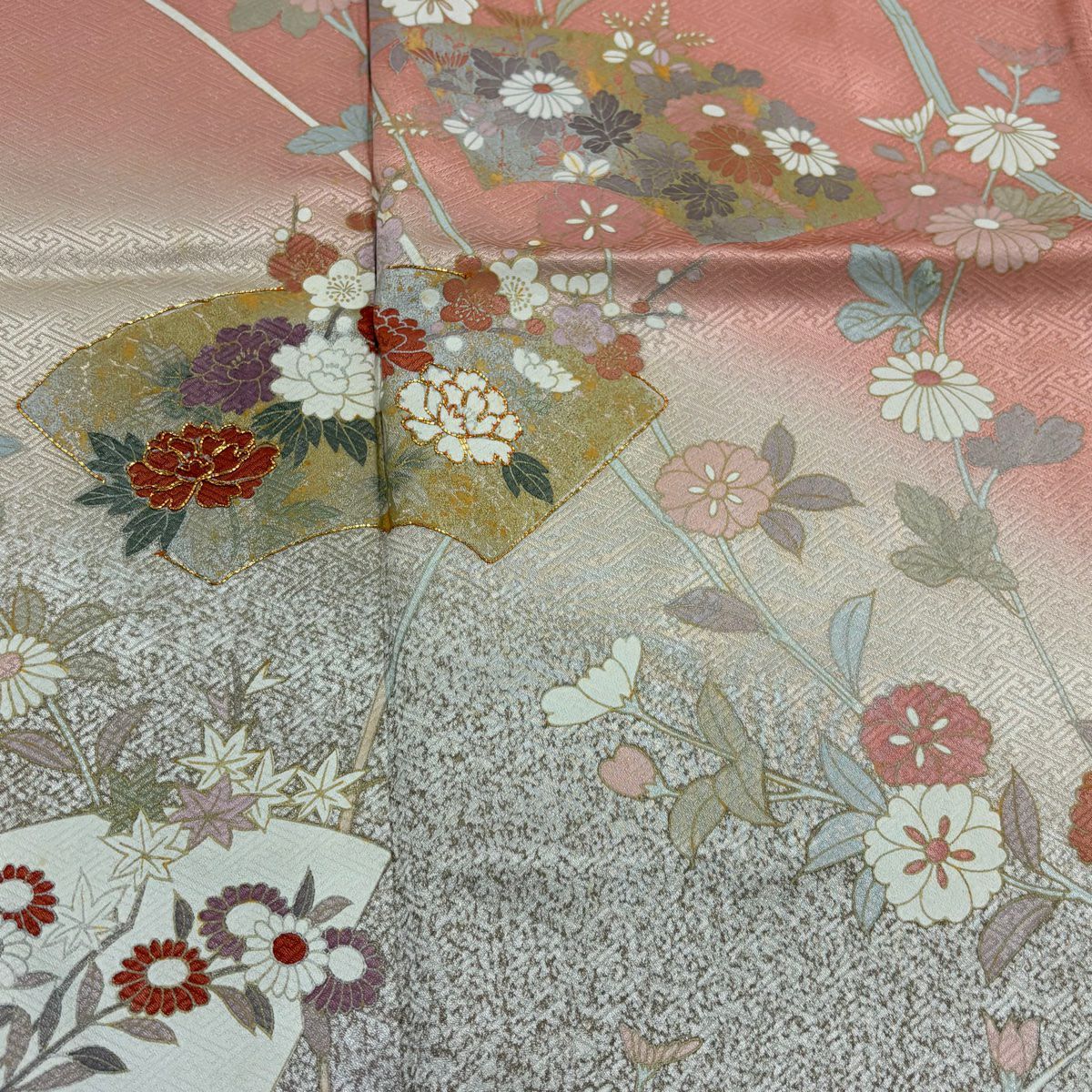 訪問服 身長171.5cm 袖長67cm M 雙層 扇子面 牡丹 金銀彩 金絲 粉紅 純蠶絲 秀品級