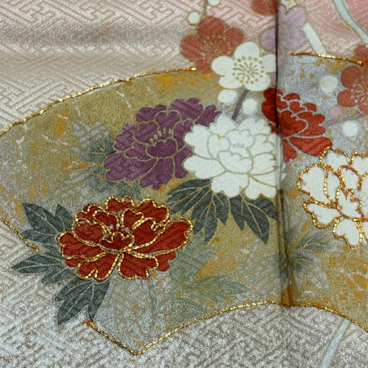訪問服 身長171.5cm 袖長67cm M 雙層 扇子面 牡丹 金銀彩 金絲 粉紅 純蠶絲 秀品級