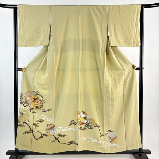 色留袖禮服 身長155.5cm 袖長63cm S 雙層 牡丹 松樹梅花 金絲 金銀彩 灰綠 純蠶絲 秀品級 一つ紋