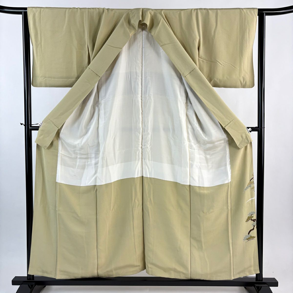 色留袖禮服 身長155.5cm 袖長63cm S 雙層 牡丹 松樹梅花 金絲 金銀彩 灰綠 純蠶絲 秀品級 一つ紋