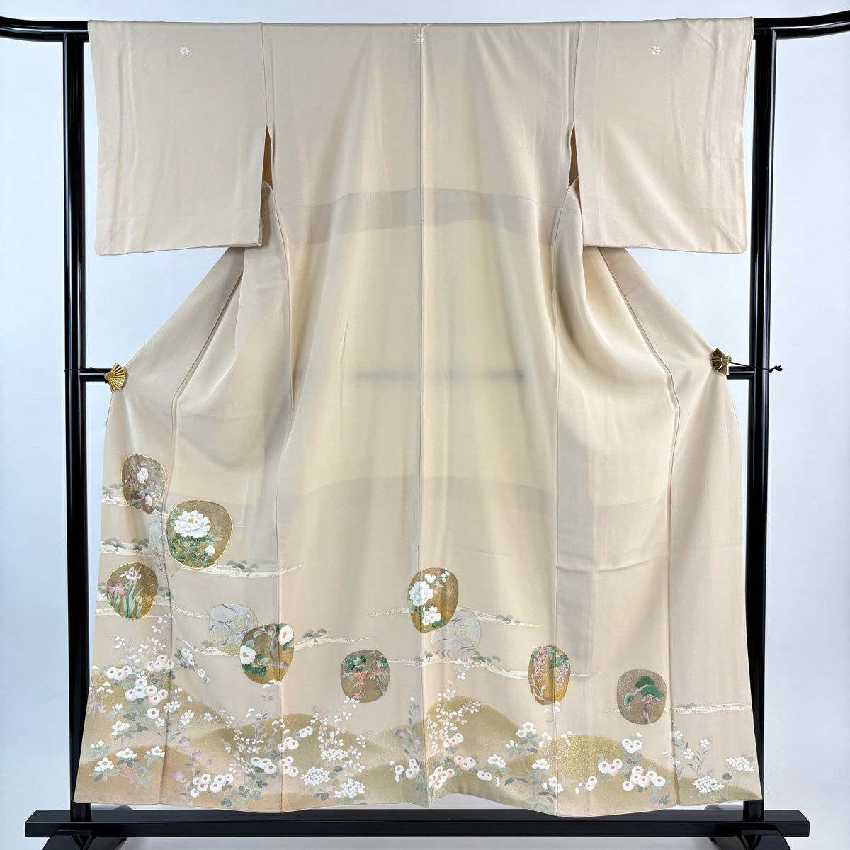 留袖禮服禮服 身長155cm 袖長63cm S 雙層 草花紋紋 松樹梅花 金絲 金銀彩 米色 純蠶絲 優品級 三つ紋