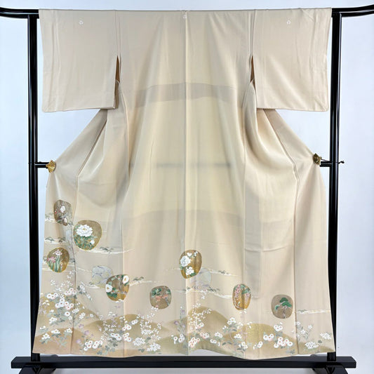 留袖禮服禮服 身長155cm 袖長63cm S 雙層 草花紋紋 松樹梅花 金絲 金銀彩 米色 純蠶絲 優品級 三つ紋