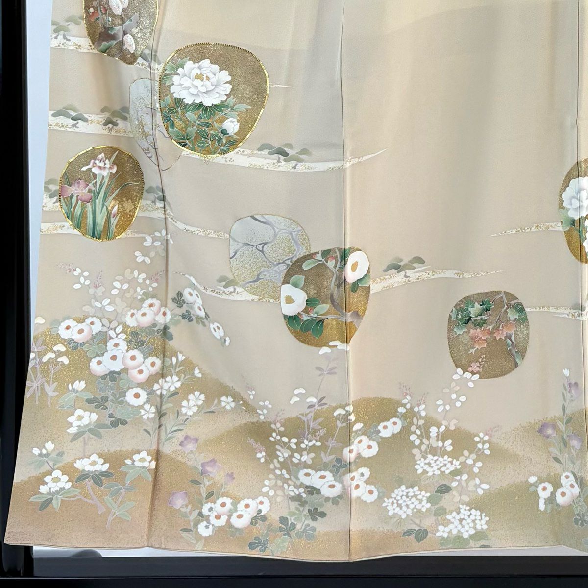 留袖禮服禮服 身長155cm 袖長63cm S 雙層 草花紋紋 松樹梅花 金絲 金銀彩 米色 純蠶絲 優品級 三つ紋