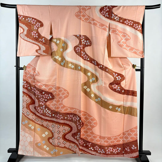 訪問服 身長161.5cm 袖長66cm M 雙層 花 流水 金彩裝飾 染分 粉紅 純蠶絲 優品級