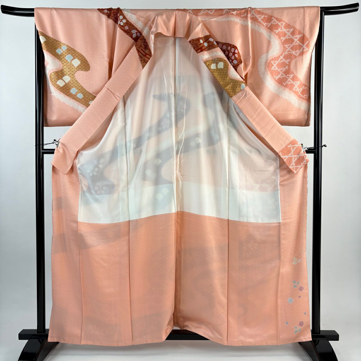訪問服 身長161.5cm 袖長66cm M 雙層 花 流水 金彩裝飾 染分 粉紅 純蠶絲 優品級