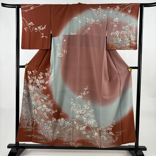 訪問服 身長154.5cm 袖長63cm S 雙層 草花紋紋 波 金銀彩 漸層 紅茶 純蠶絲 優品級